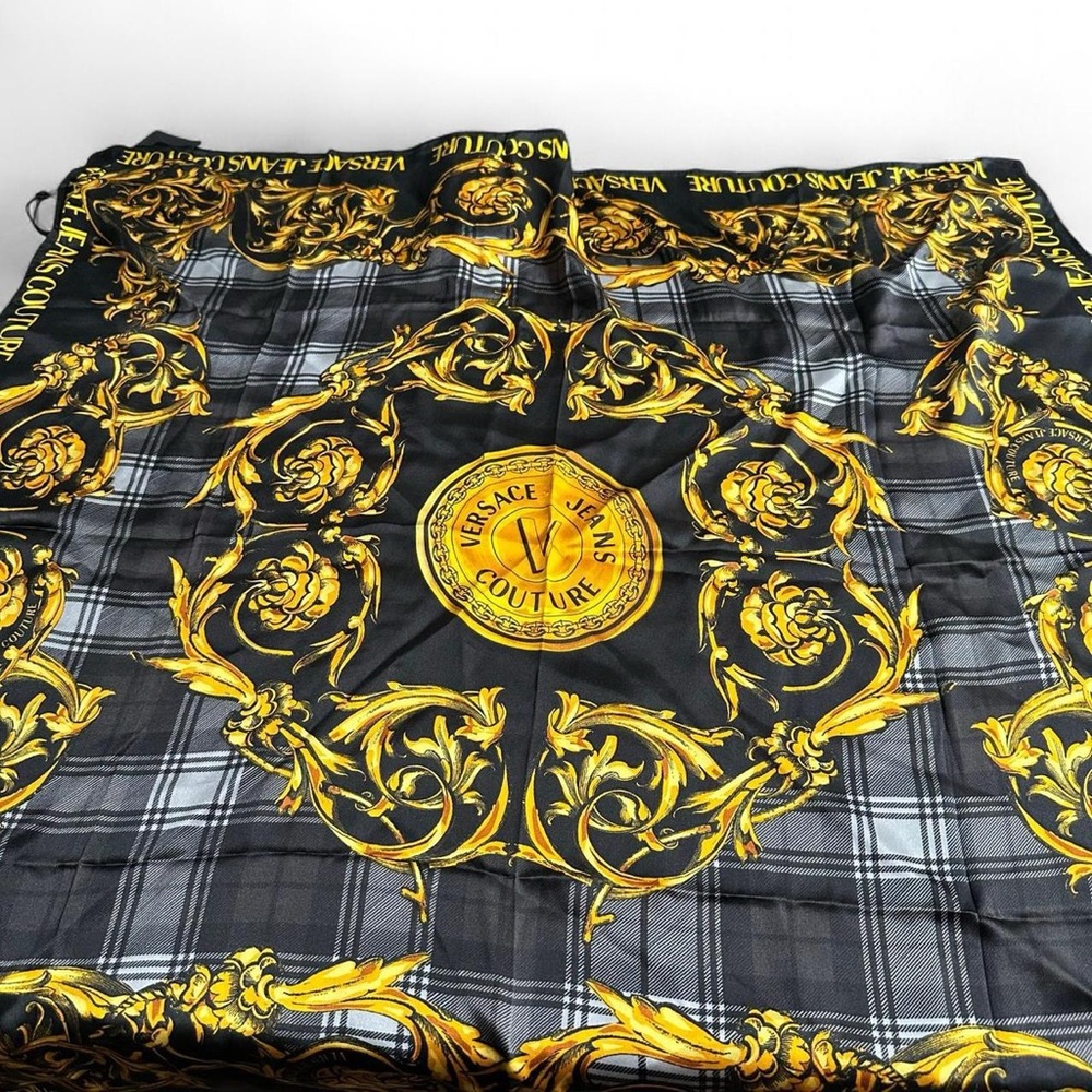 Versace Black and Gold Baroque Plaid Silk Scarf - Picture 7 of 8